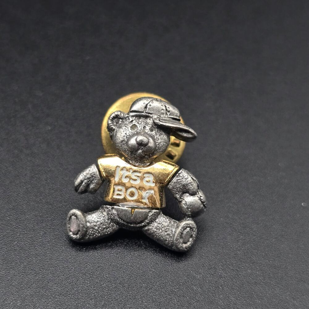 Vintage It's a Boy Teddy Bear Pin Two Tone Gender Reveal